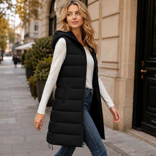 Hooded Puffer Vest for Women Long Quilted Full Zip Jacket with Pockets - image 3