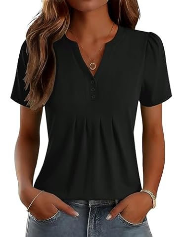 LOMON Womens Tops Dressy Casual V Neck Short Sleeve Shirts Pleated Blouses — $14.99 (25% off)