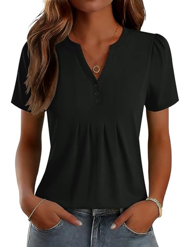 LOMON Womens Blouses and Tops Fashion 2026 Dressy Short Sleeve Cotton Button Up Shirt Business Casual Clothes Black L
