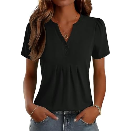 LOMON Womens Tops Dressy Casual V Neck Short Sleeve Shirts Summer Pleated Blouses Button Down Tunic Loose Fit Black Large