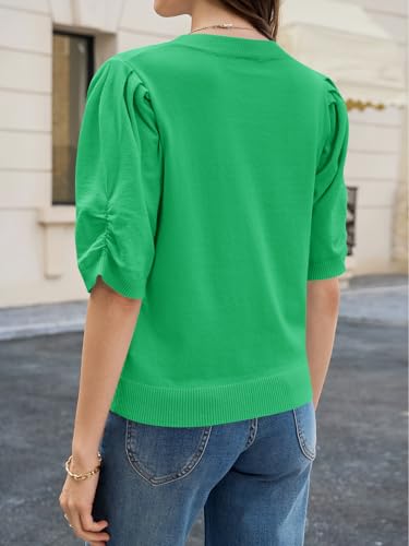 Saodimallsu Womens Puff Sleeve Sweater Tops Ruffle Crew Neck Dressy Casual Loose Knit Pullover Shirts Blouses Green — view 6