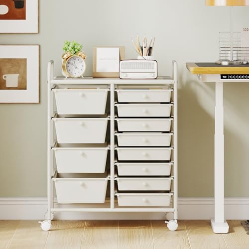 Image of LDAILY 12 Drawer Rolling Storage Cart, Rolling Cart with Drawers for Classroom, Art Supply Craft Organizer on Wheel with Metal Frame & Handles for Home Office School (White, 12 Drawer Left-Right)