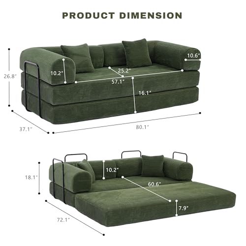 Image of 80 Inch Multi-Functional Convertible Sofa Bed, Fixed Shape Frame, High Density Foam with Corduroy, Easy Assembly, for Living Room and Bedroom. (Green)