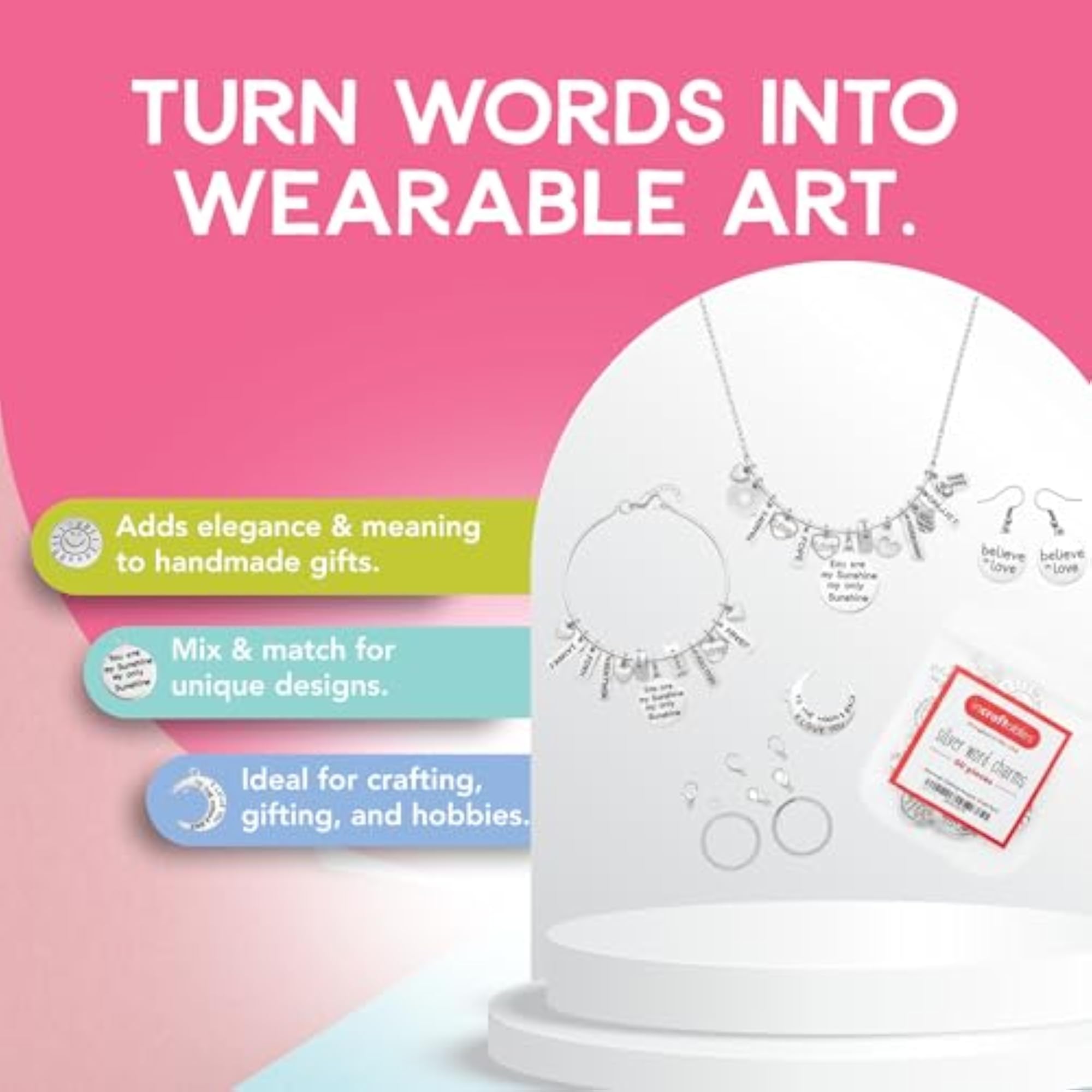 Word Charms for DIY Bracelets and Keychains, 60pcs Pack
