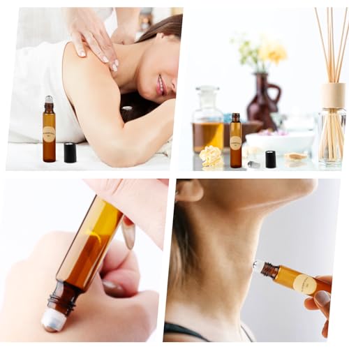 VMUTGA 16 Piezas Botella Roll On Cristal, 10ml Marrón Botellas Rollon para Aceites Esenciales Rellenable Vidrio Botellas de Rodillos con Bola de Acero Inoxidable para Perfumes Aromaterapia Masajes