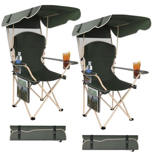 EZONE Set of 2 Camping Chairs with Canopy, Portable Chair, Storage Pocket, Cup Holder, and Carry Bag Perfect for Camping, Tailgating, Fishing, Beach, and Lawn