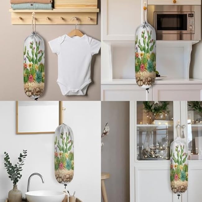 Colorful Cartoon Cactus Plastic Bag Holder Summer Succulent Theme Washable Grocery Bag Organizer for Plastic Bag Reusable Storage Dispenser for Kitchen