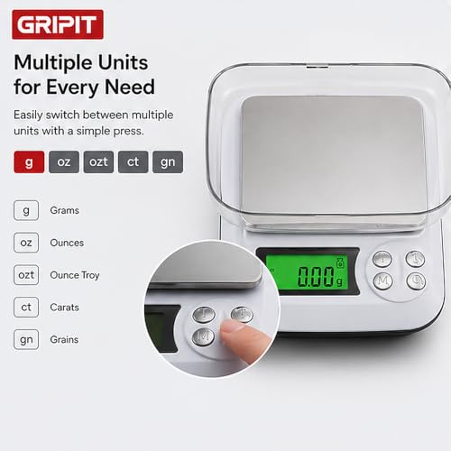 Image of Gripit Jewellery Weighing Scale 1000g x 0.01g - High Precision Digital Gold Weight Machine with Backlit LCD Display for Shops, Labs & Kitchens, Stainless Steel Platform (White)