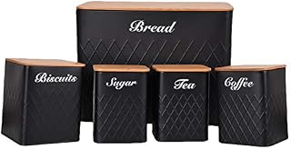 HOCHSTE Kitchen Storage Tins 4pcs Canister Set Bamboo Lid Bread Bin Tea Coffee Sugar Jar (Black - 4 Round Jars, Large (20.5cm High)