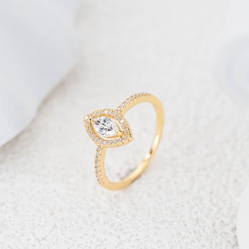 Sterling Silver Minimal Marquise Halo Ring, Solitaire Engagement - 6