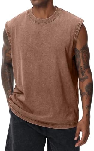 Herren Kurzarm Sommer Ärmelloses Shirt, Männer Fitness ärmellos Weste, Washed Sleeveless t-Shirt, Workout, Fitnessstudio, Baumwolle