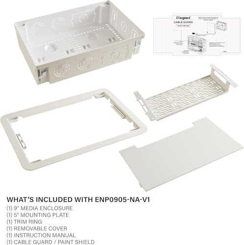 Legrand - OnQ 9" In-Wall Media Box For Device & Cable Management - Structured Wiring Enclosure With Customizable Knockouts - Includes Removable Mounting Plate For Maximum Capacity - White, ENP0905NAV1