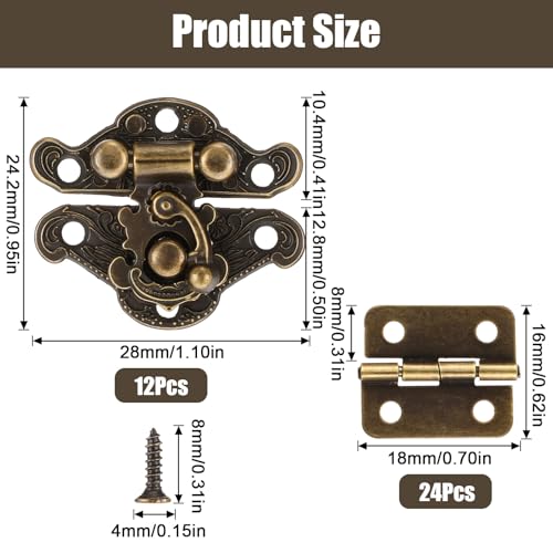 36Stück Antike Vorhängeschloss Latch Hook, Scharniere Klein mit Schrauben, Rechter Haken Gravierte Riegel Verschluss Box, Bronze Scharnier Für Holzkiste Schmuckkästchen (24Scharniere + 12Verschlüsse)