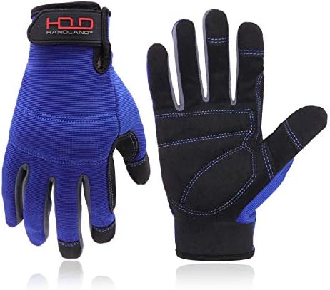 HANDLANDY Mens Utility Work Gloves, Flexible Mechanic Gloves Touch ScreenBreathable Spandex Back, Padded Knuckles & Palm (Large, Black)