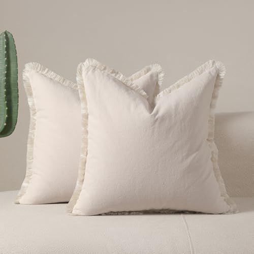 Image of LOHDALOLF Beige Boho Cushion Covers with Tassels 45x45 cm Set of 2 Cream Fringe Cushion Cases Farmhouse Decorative Pillow Covers for Sofa Couch Bed Neutral Decor