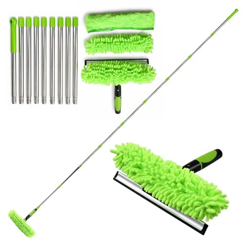 Image of 4.25M Window Cleaning Pole, 2-in-1 Telescopic Window Cleaner Kit with Squeegee & Microfiber Cloth, Extendable Long Reach Window Cleaning Equipment for Outdoor High Windows, Conservatory Roof