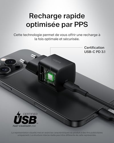Belkin Chargeur Secteur USB-C (25 W, Prise USB-C pour Smartphone, PD 3.0 avec PPS, pour Apple iPhone 16 Serie, iPad Pro, Samsung Galaxy S25, Pixel 9, Nintendo Switch, etc., Noir)