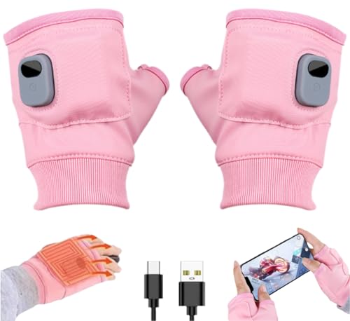 SYINTOSUN Heated Gloves for Women Rechargeable, Hand Warmers Smart Thermostatic Electric Heated Fingerless Gloves for Work Cycling Skiing Snow (Pink)