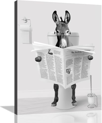 Funny Bathroom Wall Art - Donkey Reading Newspapers on Toilet Posters Animals Portrait Canvas Prints Pictures Wall Decor Framed Artwork for Bathroom Home Wall Decoration 12x16 Inch