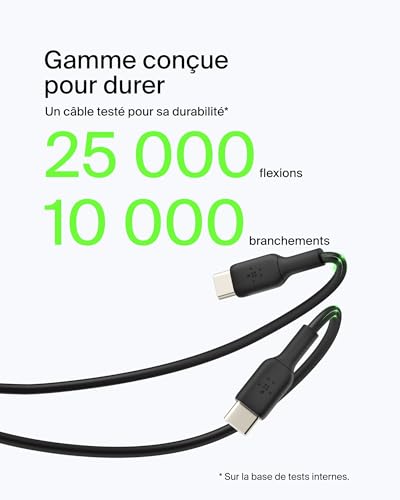 Belkin BoostCharge câble USB-C, câble de recharge USB-C vers USB-A, câble USB Type-C, cable USB C pour iPhone 16, iPhone 15, Samsung Galaxy S24, S23, iPad Pro, Google Pixel, etc., 1 m, noir
