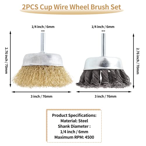 Image of 2PCS Cup Wire Wheel Brush Set, 3 Inch Carbon Steel Knotted Cup Brush and Brass Coated Crimped Wire Drill Brush Set, 1 /4 Inch Shank Brush Kit Rotary Buffing Brush Wheel, Rust Removal Tool Set