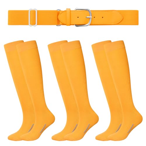 Haysandy Baseball or Softball Sock and Belt Combo Set 3 Football Baseball Socks with Softball Belt for Youth Boys Kids(X-Large Gold)