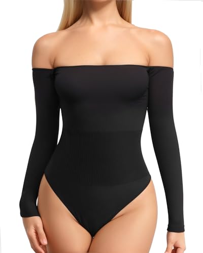 MANGOPOP Shapewear Tummy Control Bodysuit Off The Shoulder Long Sleeve Body Suits for Womens Ribbed Seamless Tops