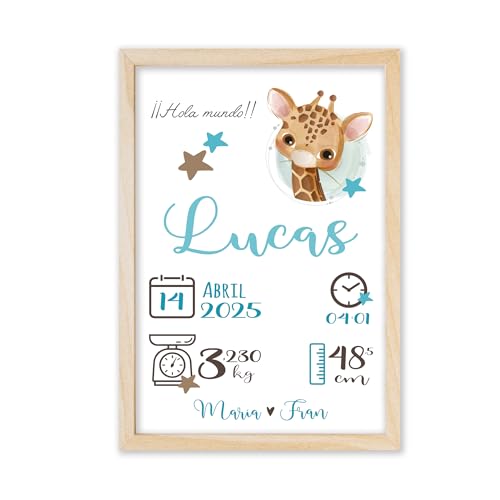 Natalicio Personalizado, Cuadro Nacimiento Bebe Personalizado, Laminas Infantiles, Cuadros Infantiles Personalizados, Regalos Bebe Personalizados, Cuadro Natalicio Tamaño 30x40 (Jirafa Turquesa)