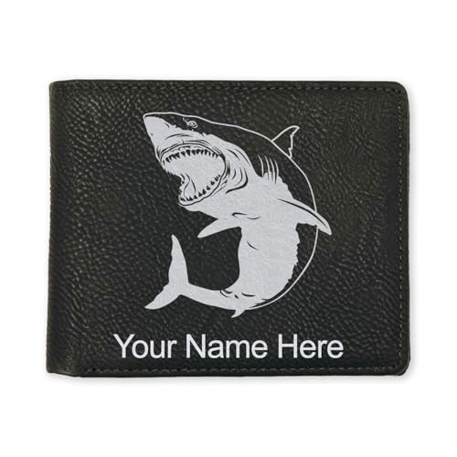 LaserGram Faux Leather Bi-Fold Wallet, Great White Shark, Personalized Engraving Included (Black with Silver)