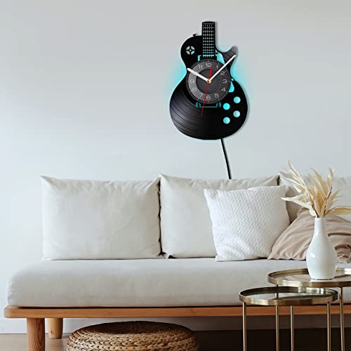 Qianzhou-Uk Guitar Led Vinyl Record Wall Clock Gifts For Holiday,7 Kinds Color Night Light Music Gifts Wall Clock Home Decor For Living Room,Bedroom,Man Cave Music Room Decor (B-Led) #TOP3