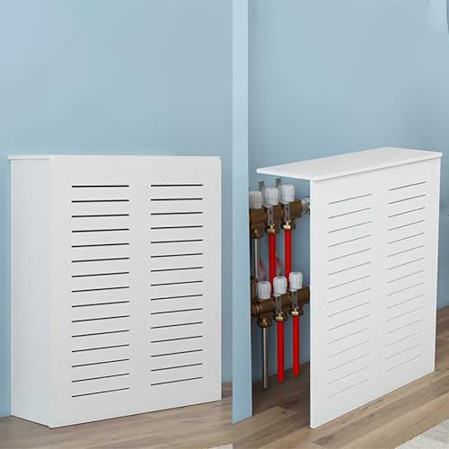 Cubierta de radiador de madera con listones horizontales y estante moderno