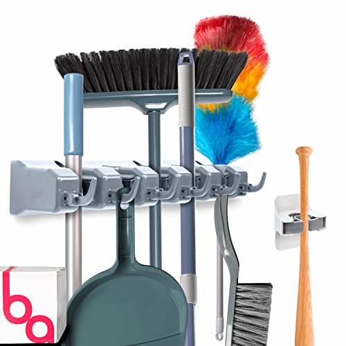Image of Combo 5 Slot Broom Holder w / 1 Self Adhesive Mop Gripper No-Drilling, Wall Mount Tool Organizers For Kitchen, Garage, Laundry Room- Anti-Slip Hanger For Brooms, Mops, Rakes, Dustpans (Grey / White)