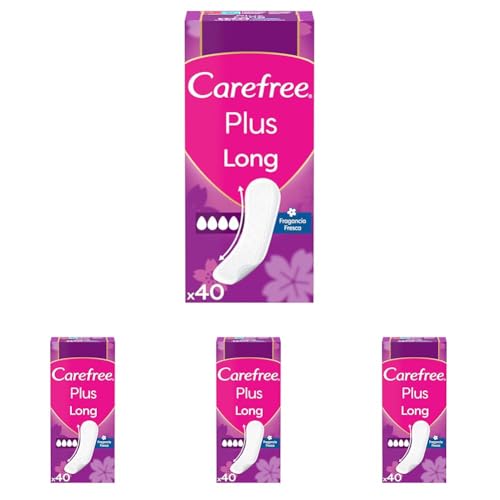 Carefree Plus Long de Fragancia Fresca Protegeslips (40 unidades), protege slips absorbentes y transpirables de uso diario, protege slips con protección contra el mal olor (Paquete de 4)