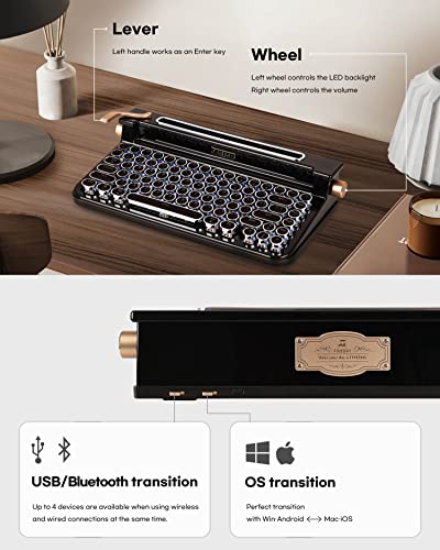 Fineday Keyboard 3.0, Blue Switch, Retro Wireless Mechanical Keyboard, Typewriter Designed, 83 Keys, Bluetooth 5.0 & Usb Up To 4 Devices, Wired & Wireless For Desktop Pc/Laptop Mac/Phone (Black) #TOP2