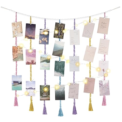 Image of Mkono Macrame Hanging Photo Display Wall Decor with String Lights, Boho Wooden Beads Garland Collage Picture Card Frame Holder with 45 Clips for Bedroom Living Room Dorm, Teen Girls Christmas Gifts