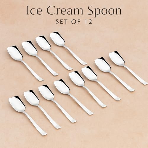 Image of Ice Cream Spoon Stainless Steel Set of 12 Icecream Spoons, Silverware Spoon Set, Dinner Spoon 14cm, Food Grade Silverware for Home & Kitchen, Durable Stylish, 12 Silver Spoons