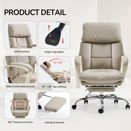 EMIAH Office Chair with Foot Rest, Ergonomic Executive Office Chair with Arms, Reclining High Back PU Leather Comfy Swivel Computer Desk Chairs with Wheels and Lumbar Support for Home Office, Beige - Image 6