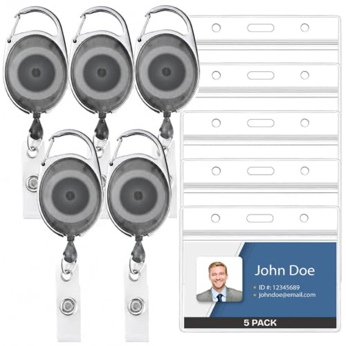 Will Well Heavy Duty ID Badge Holder Retractable 5 Pack - Horizontal - Grey