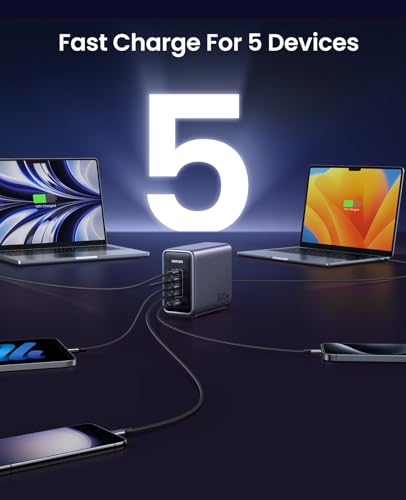 UGREEN 300W 5-Port GaN Desktop Charging Station, 140W Max Single Port for MacBook Pro/Air M2, Dell XPS, iPad Pro, iPhone 15 Pro, Galaxy S23 Ultra, Steam Deck