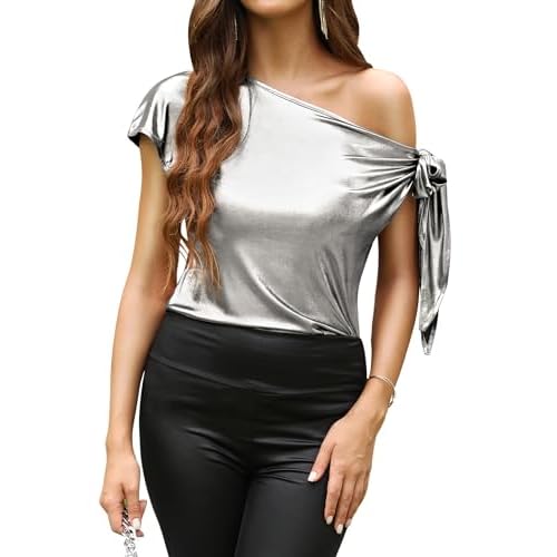 VIDUSSA Women's Off Shoulder Silk Tops Casual Short Sleeve Asymmetrical Neck Satin Blouse Shirts X-Large Silver Shimmer
