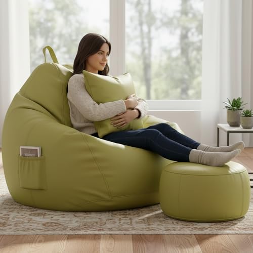 Image of KAM'S LIEU 5XL Bean Bag Combo with Footrest & Cushion | Filled with High Density EPS Beans | Comfortable Sofa for Living Room & Bedroom | 6 Months Warranty, Color- (Olive Green, 5XL, Classic)