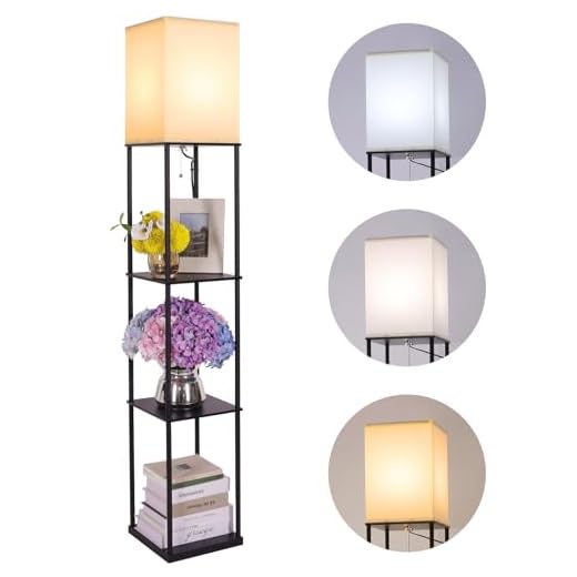 Gupuzm Floor Lamp with Shelves, Modern Square Standing Lamp with 3 Color Temperature Bulb, Corner Display Bookshelf Lamp for Living Room, Bedroom and Office (Black)
