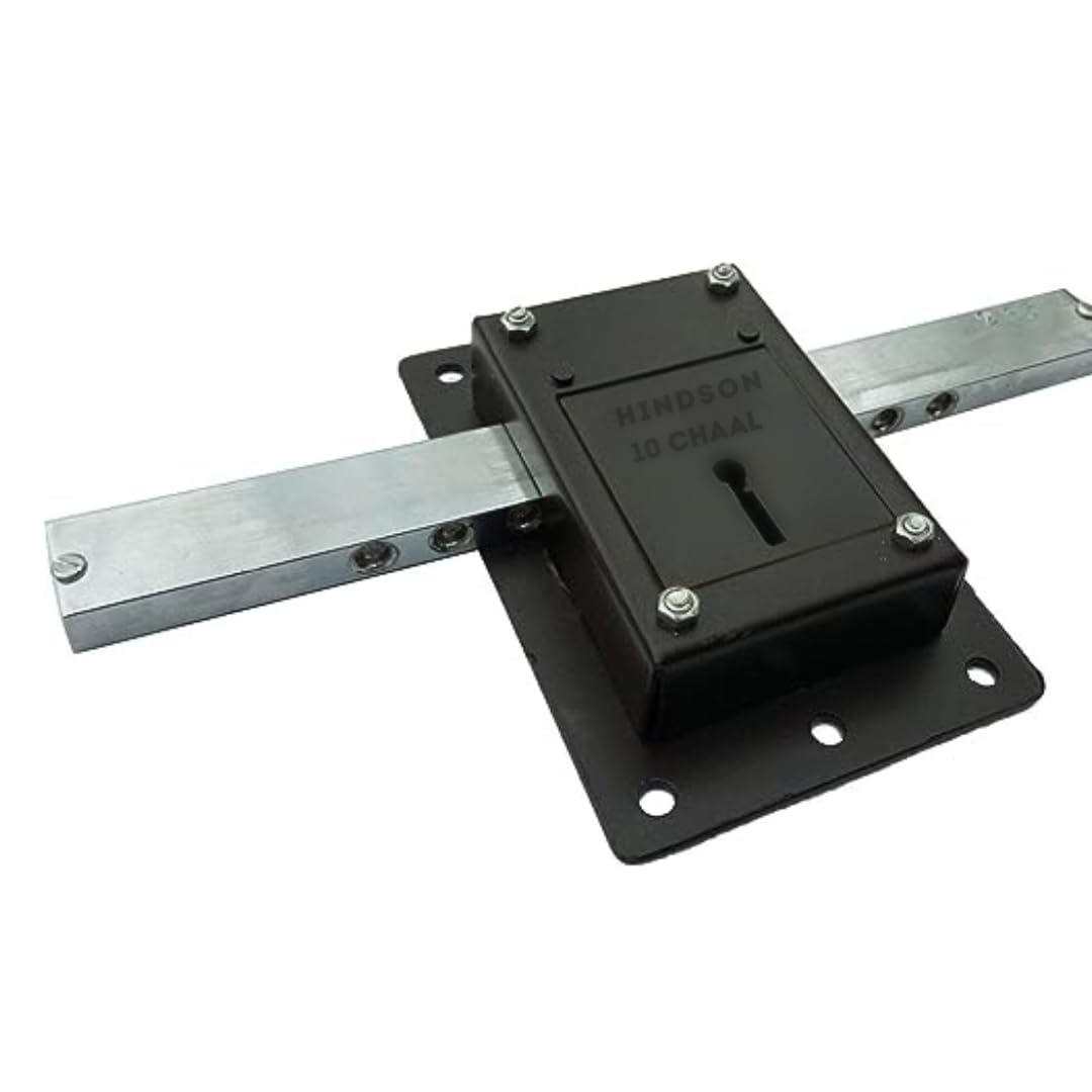 Hindson 10 Chal Iron Gate Lock | Heavy Duty 8 Lever Door Lock with 3 Keys | Double Side Operated Main Gate Lock for Home & Office | Strong Metal Body (Black Finish) 2