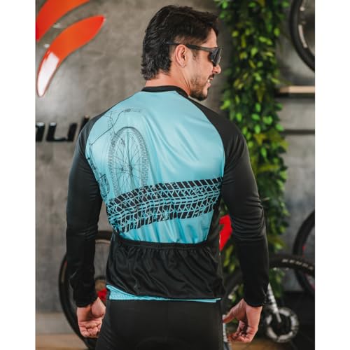 Conjunto de Ciclismo Masculino Camisa Manga Longa Azul + Calça Acolchoada Forro GEL Bike Roupa Cicli