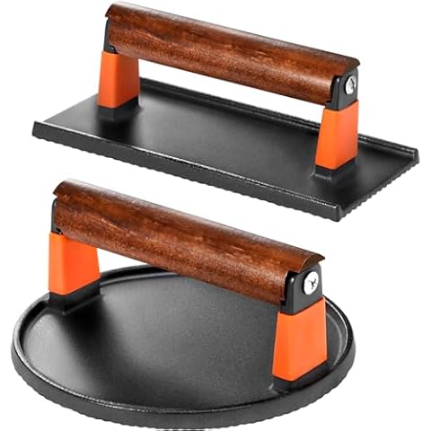 GGC Cast Iron Burger Press Kit, 7" Round and 8"x4" Rectangle Smash Burger Press Set for Grill and Griddle Cooking, 2PCS Meat Press with Wooden Handle for Bacon, Hamburgers, Eggs, Sandwiches Cover
