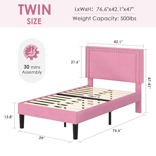 Image of VECELO Twin Size Platform Bed Frame with Height Adjustable Upholstered Headboard, Modern Mattress Foundation,Strong Wood Slat Support, No Box Spring Needed, Easy Assembly,Pink