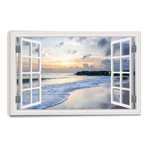Toile vue fenêtre trompe-l'œil mer 70x105cm VHdfgTY