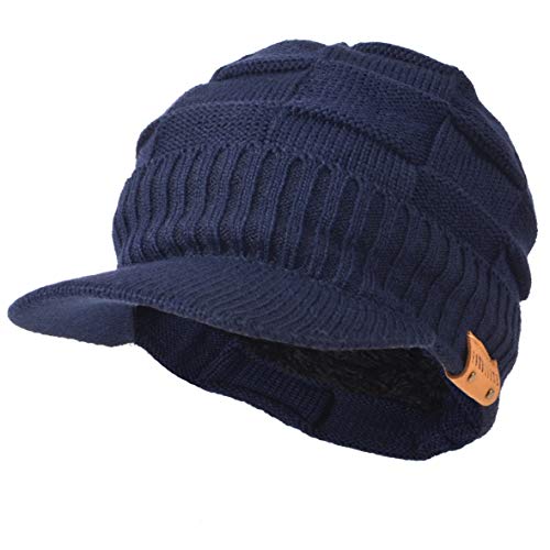 Ruphedy Gorro para hombre con ala para invierno, gorro de punto grueso con visera, Azul marino sólido, Taille unique Cover