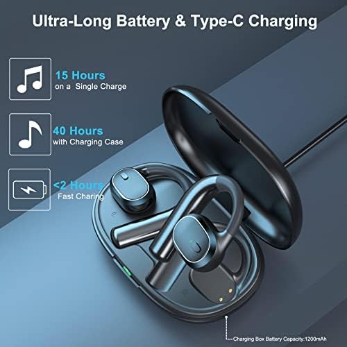 Wireless Earbuds, Open Ear Headphones Bluetooth 5.2, 40H Playtime and HiFi Stereo with Mic, IP67 Waterproof Sports Earphones with Hooks and Charging Case, Wireless Headsets for Music, Work