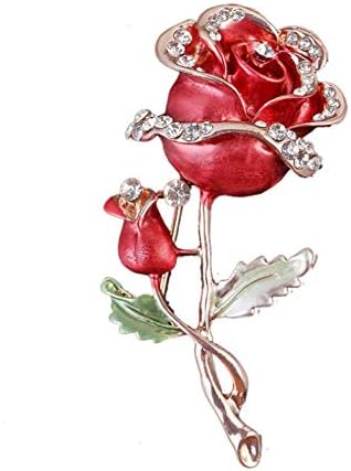 Enamel Crystal Red Rose Flower Brooch Pin Fashion Personality Floral Brooches Decorative Jacket pin Party Dance Wedding Banquet for Elegant Women Girl Jewelry Accessories(Red rose flower brooch)